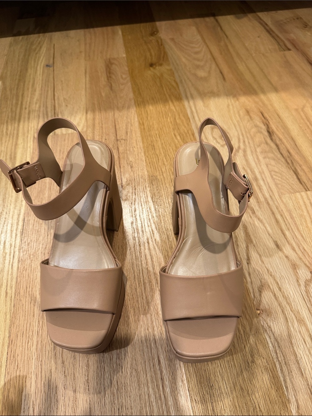 Soda Tan Block Heel Sandals with Ankle Strap